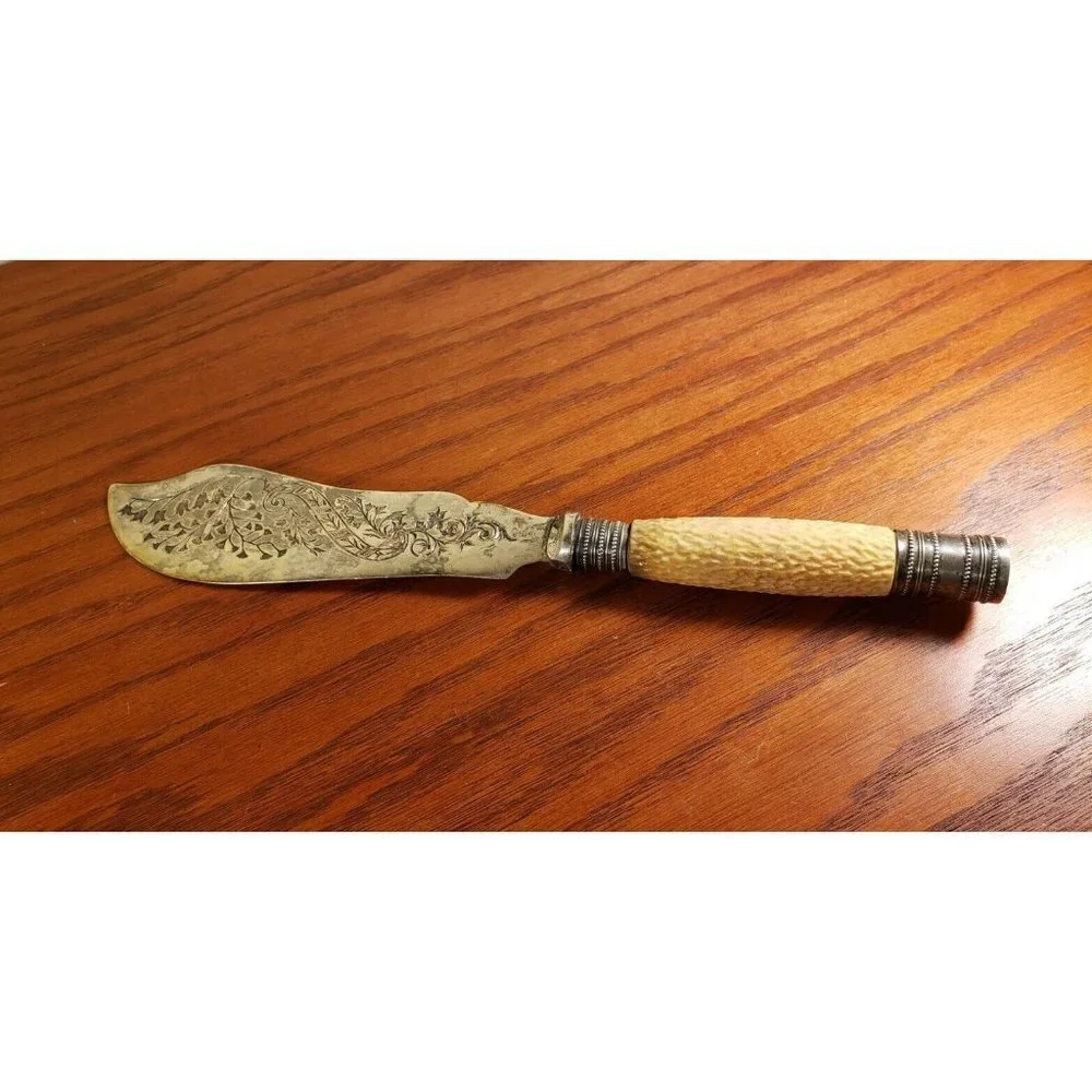 Antique Edwardian Scroll Fish Serving Knife Silver Plate Bone Handle 1900s